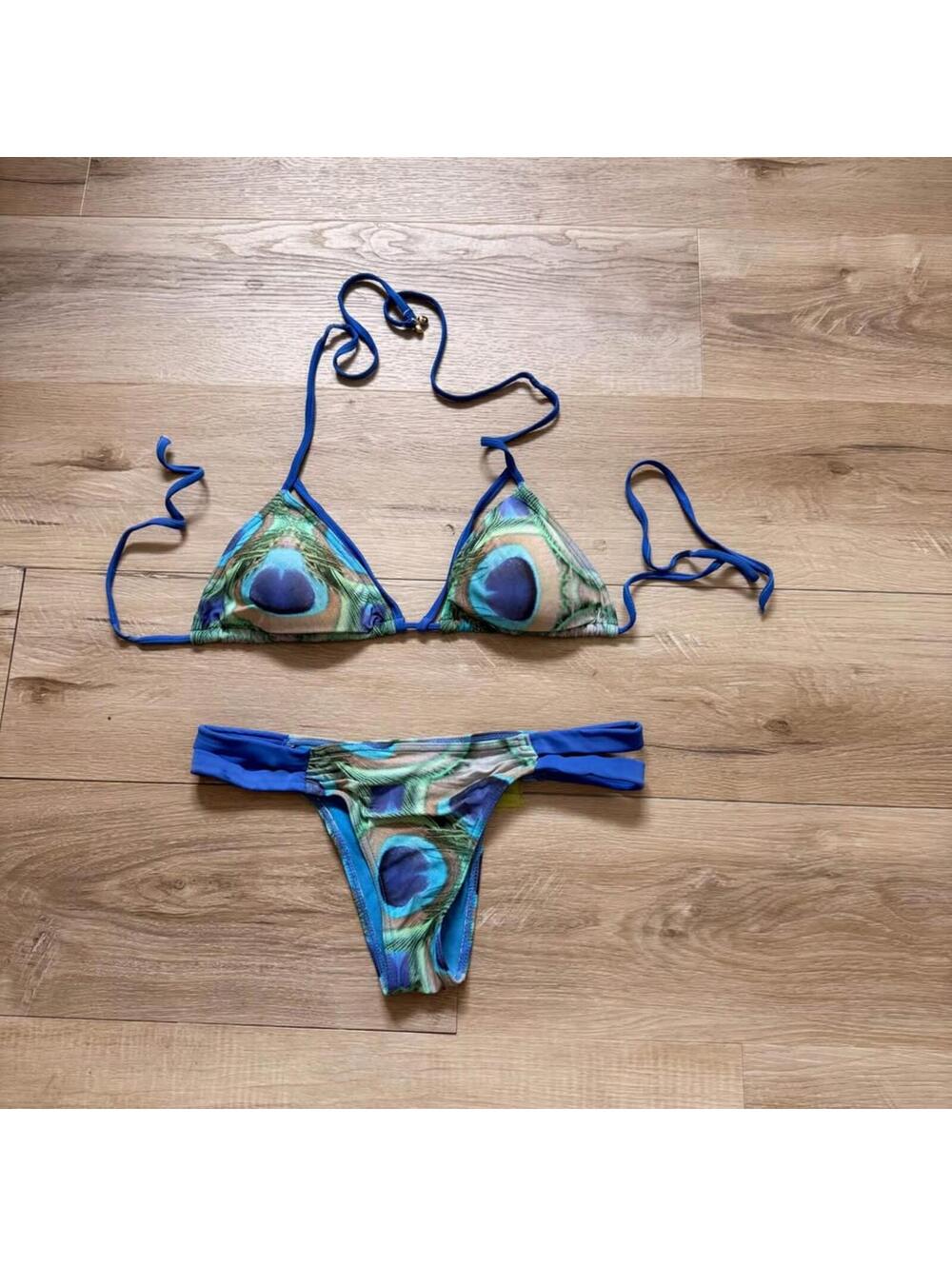 Mariskal Peacock Print String Bikini Women's M top / S bottoms